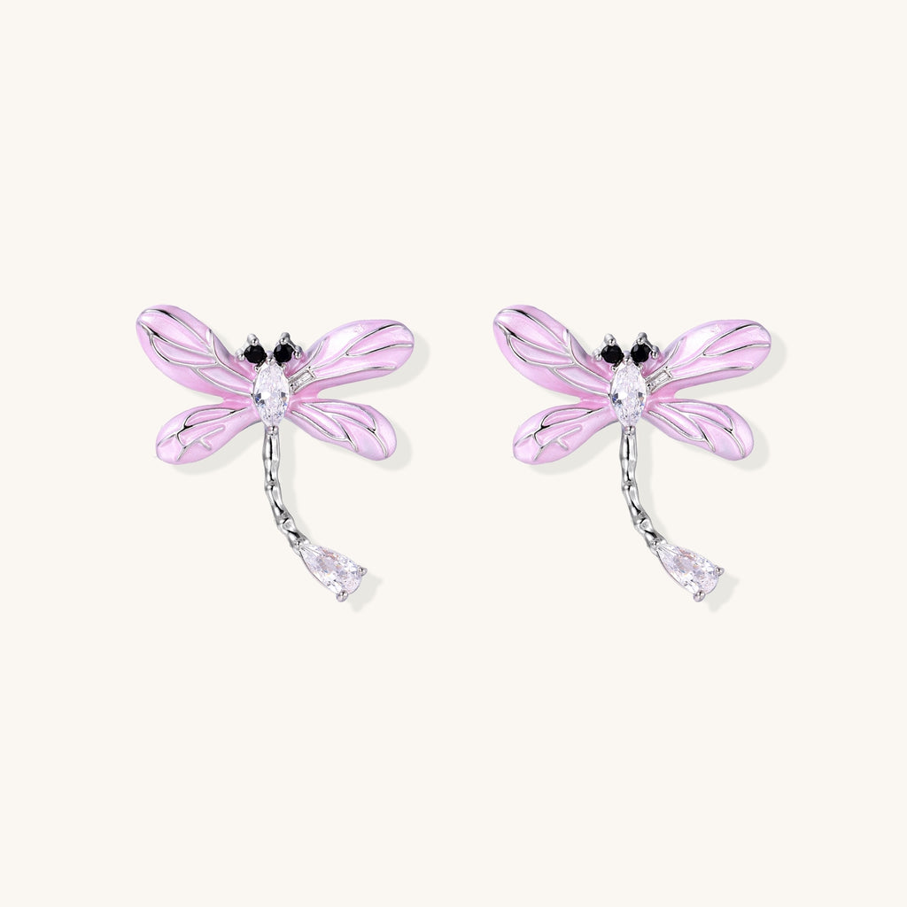 Long dangle earrings with purple dragonfly charms and crystal chains on white background, gold-plated finish.